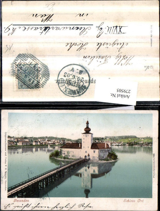 279505,Gmunden Totale m. Schloss Orth Brücke pub F. E. Brandt 145