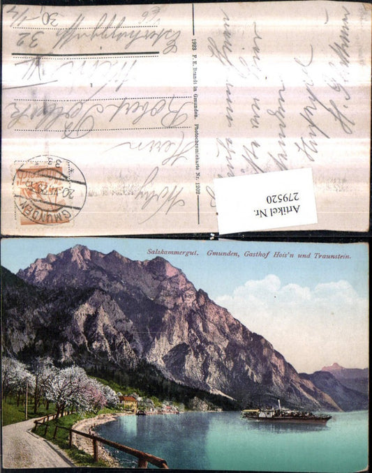 279520,Gmunden Gasthof Hoisn u. Traunstein Bergkulisse Dampfer pub F. E. Brandt 1202