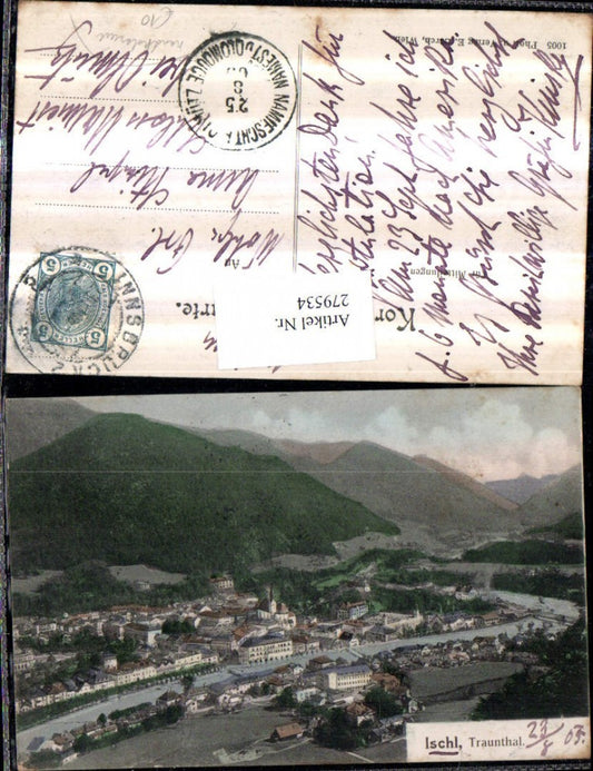 279534,Handkoloriert Bad Ischl im Trauntal Totale Bergkulisse