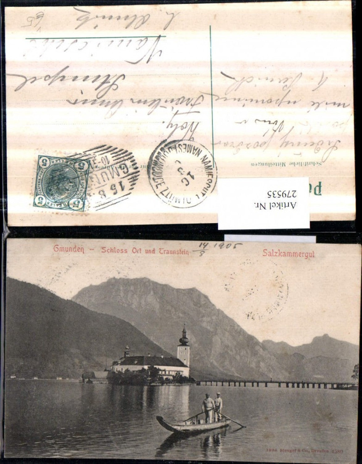 279535,Gmunden Schloss Orth m. Traunstein Bergkulisse Ruderboot Zille pub Stengel & Co 2580