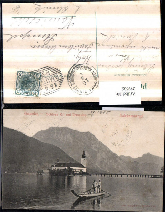 279535,Gmunden Schloss Orth m. Traunstein Bergkulisse Ruderboot Zille pub Stengel & Co 2580