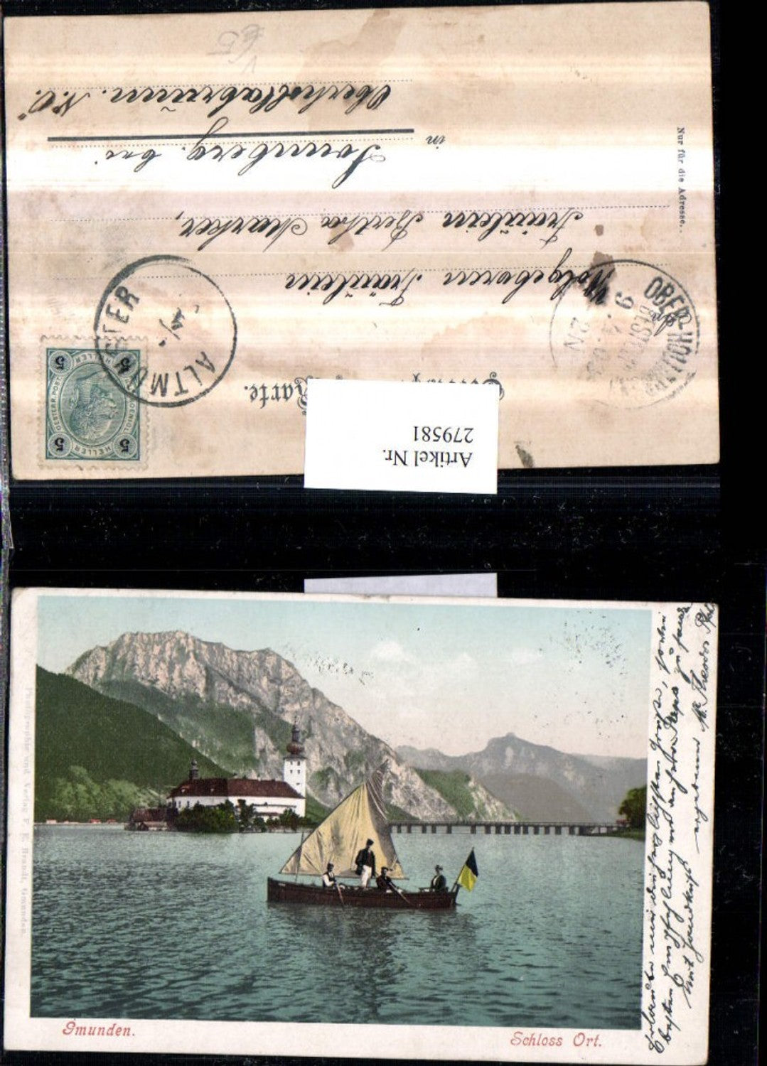 279581,Gmunden Schloss Orth Segelboot Boot Bergkulisse pub F. E. Brandt