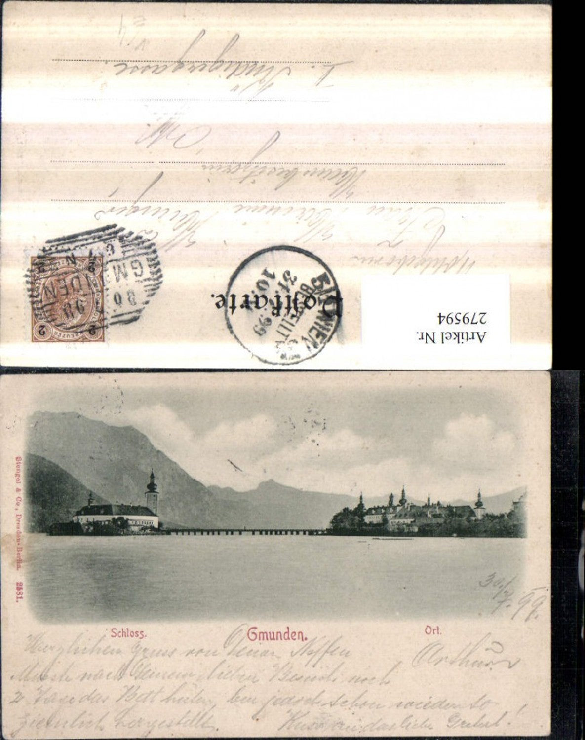 279594,Gmunden Schloss Orth Brücke Bergkulisse pub Stengel & Co 2581