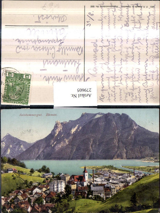 279605,Ebensee Totale Bergkulisse pub F. E. Brandt 986 Bahnpost Zug 262