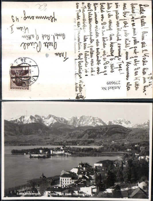 279609,Gmunden Totale Schloss Orth m. d. Höllengebirge Bergkulisse pub F. E. Brandt