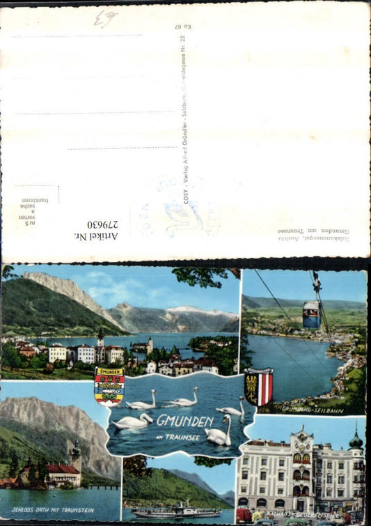 279630,Gmunden am Traunsee Totale Seilbahn Rathaus Schloss Orth Dampfer Schwäne Mehrbildkarte