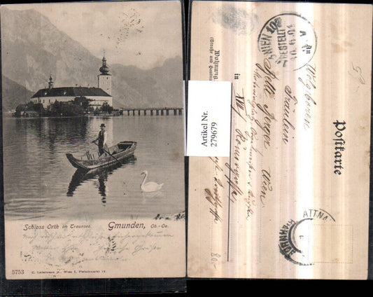 279679,Gmunden Schloss Orth im Traunsee Brücke Boot Zille Schwan
