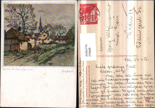 279688,Künstler AK Originalradierung Fritz Lach Motiv aus Gmunden Kirchenturm