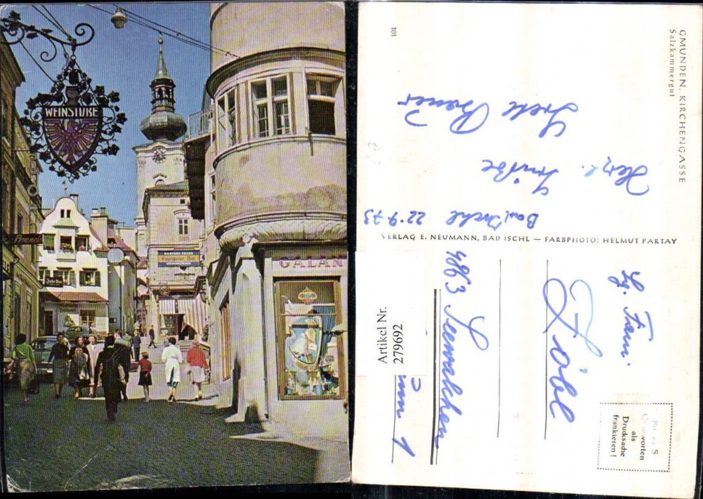 279692,Gmunden Kirchengasse Straßenansicht Weinstube Gasthof Geschäfte Kirchenturm