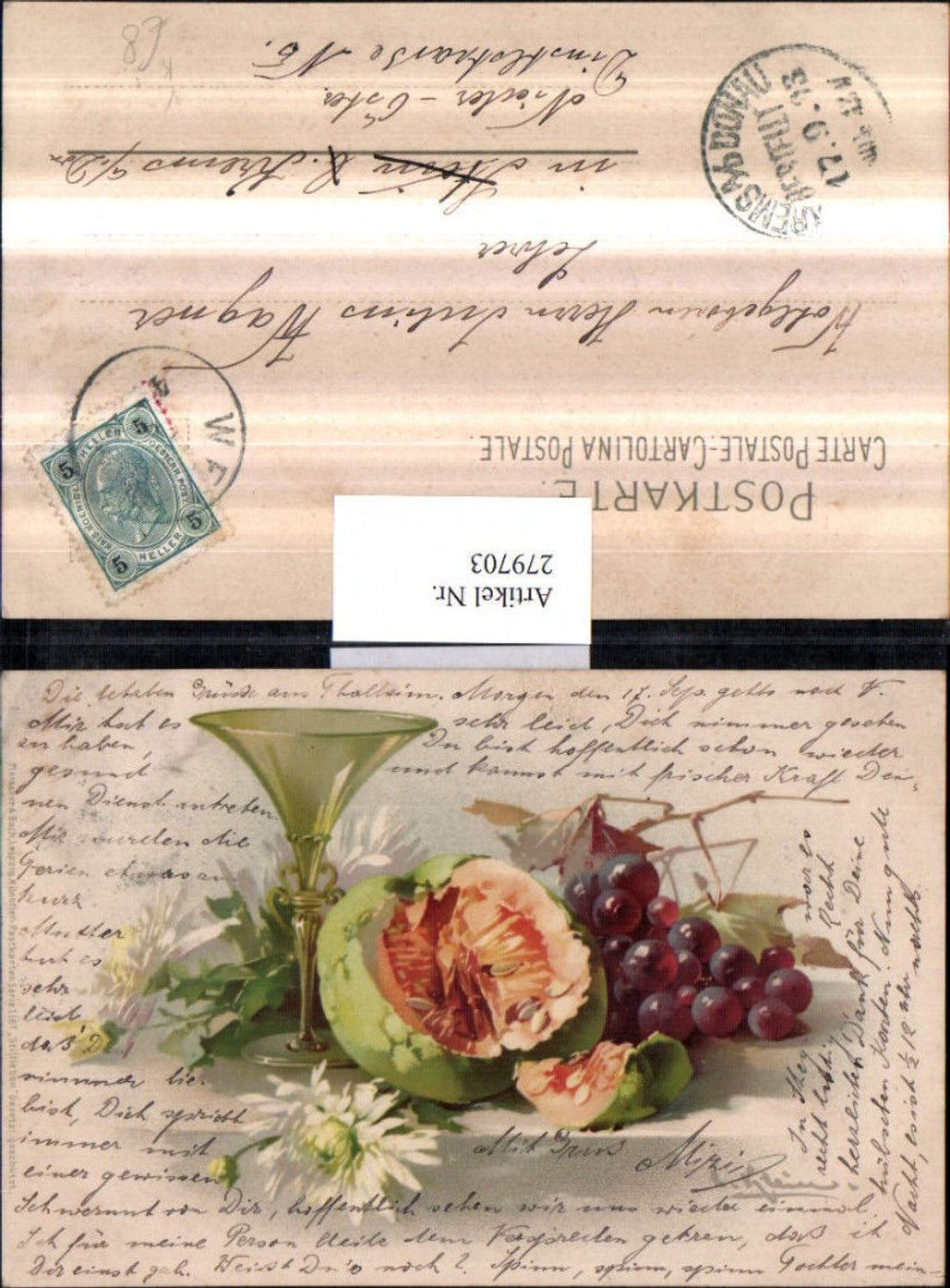 279703,Künstler AK Meissner & Buch 1167 Künstler Catharina Klein Stillleben Melone Trauben Blumen Glas