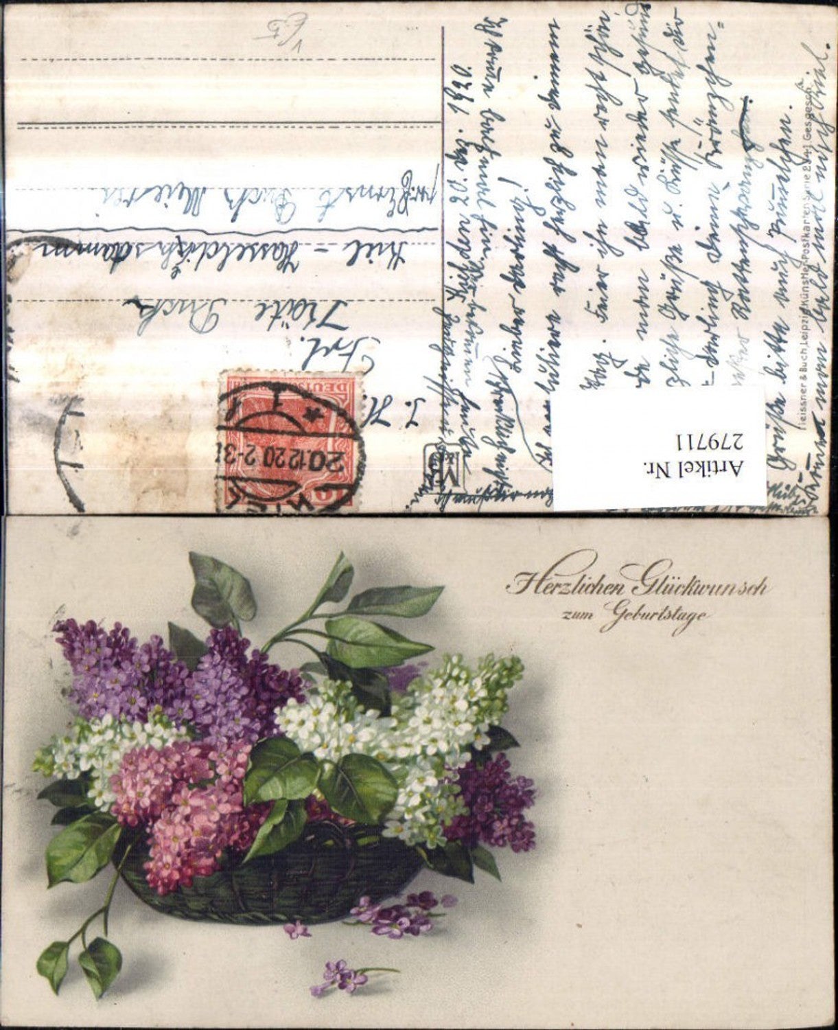 279711,Künstler AK Meissner & Buch 2341 Geburtstag Blumenkorb Blumen Flieder