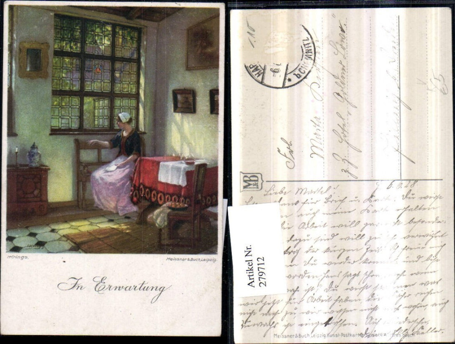 279712,Künstler AK Meissner & Buch 2415 Künstler H. Krings In Erwartung Frau Kleid Sehnsucht Fenster