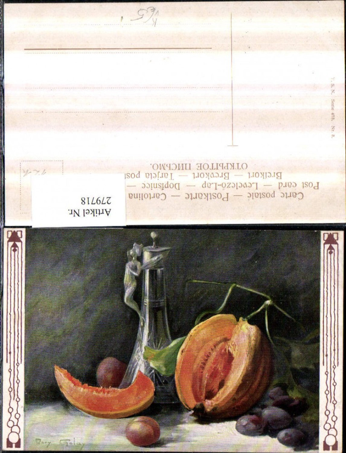 279718,Theo Stroefer 473/3 Künstler Mary Golay Stillleben Kürbis Pflaumen Karaffe