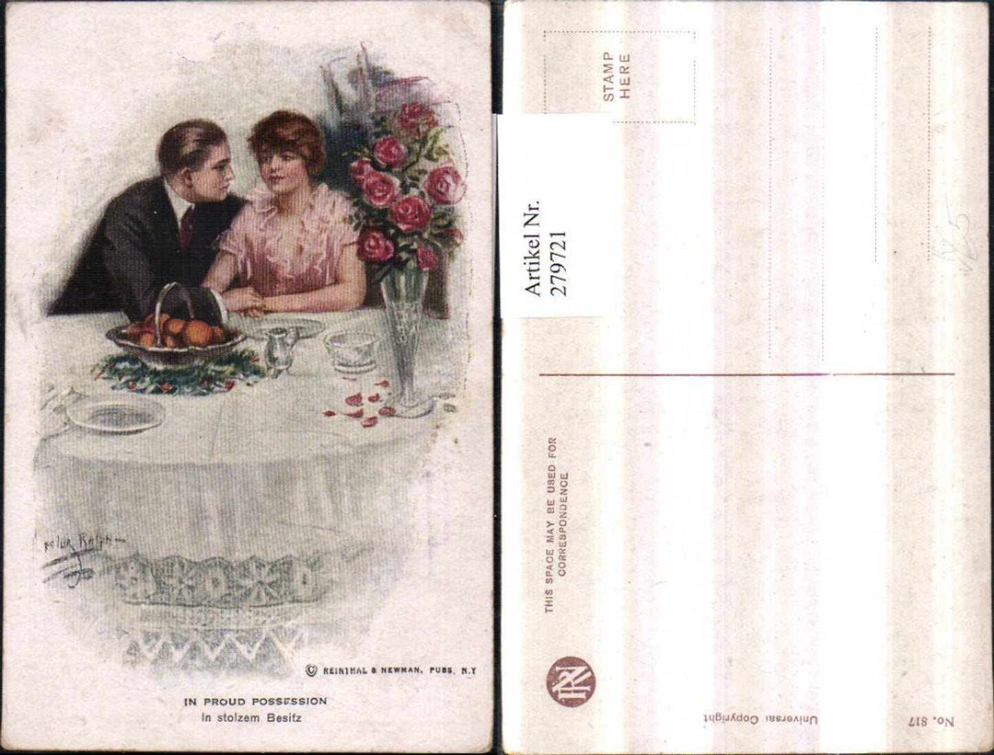 279721,Reinthal & Newman 817 Künstlerkarte In stolzem Besitz Liebespaar Liebe Rosen Tisch Teller