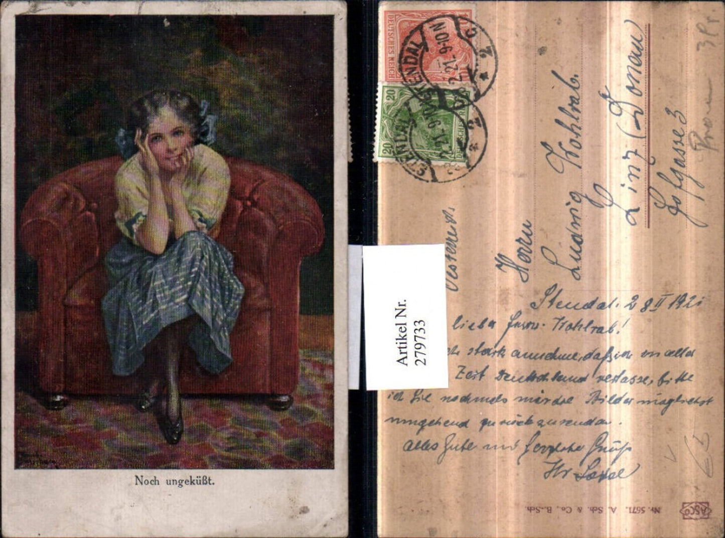 279733,Asco AK 5671 Künstlerkarte Noch ungeküsst Mädchen m. Maschen Stuhl Sofa