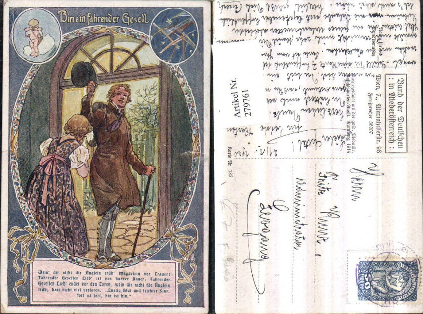 279761, League of Germans in Lower Austria 182 Artist F. Gareis I am a traveling journeyman Fairy tale Man Hat Stick F