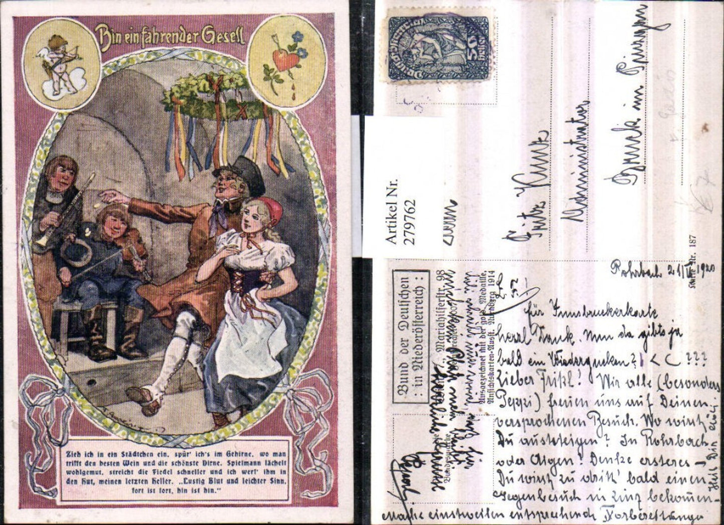 279762, League of Germans in Lower Austria 187 Artist F. Gareis I am a traveling journeyman Fairy tale Violin Traditional costume Amo