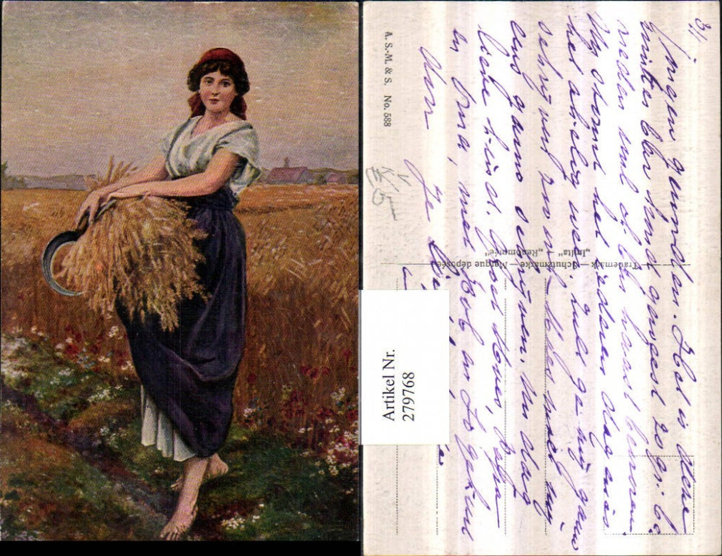 279768,A.S.M. Imita 588 Künstlerkarte Frau m. Kopftuch Schürze Sense Ernte Feld