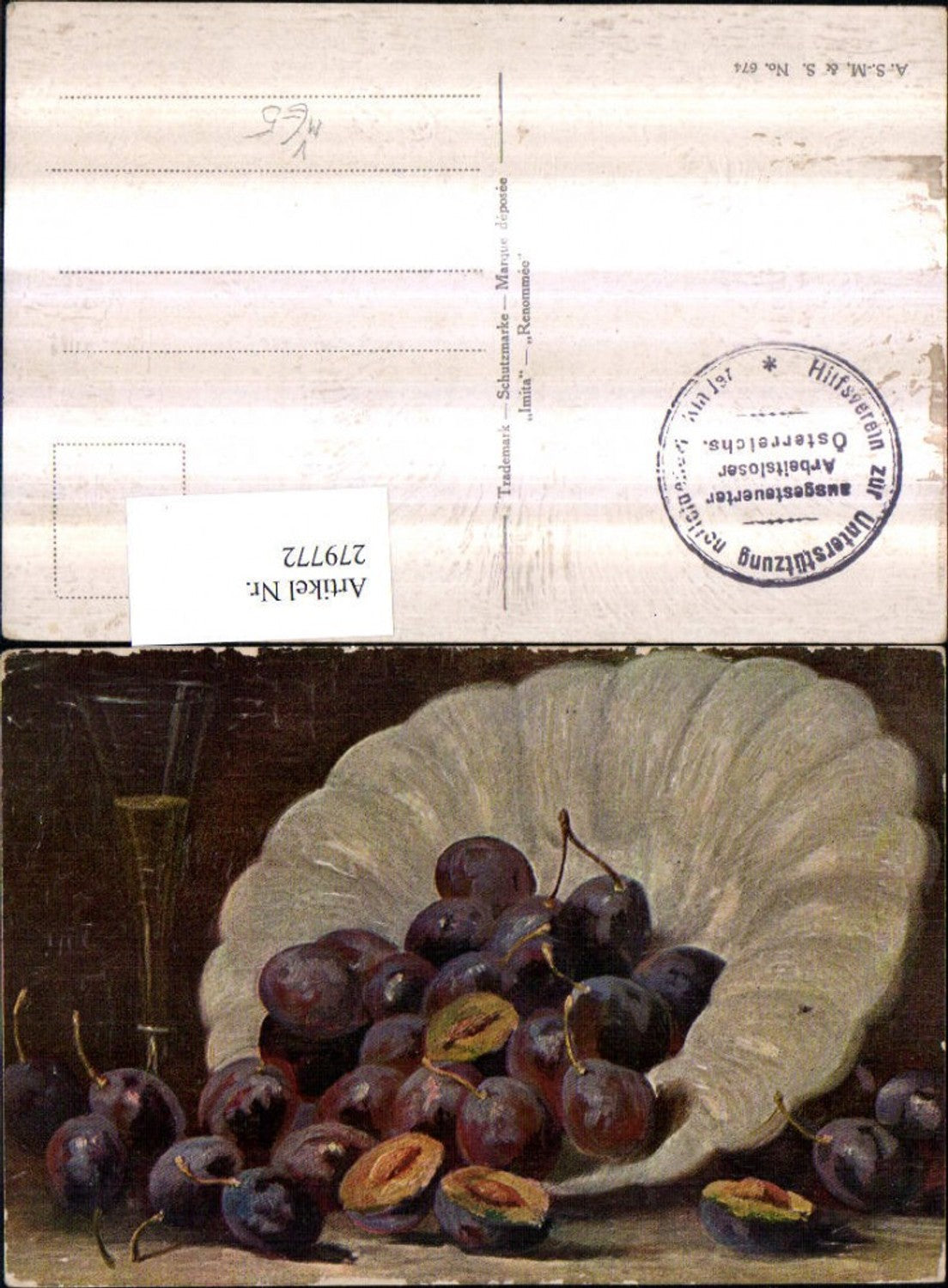 279772,A.S.M. Imita 674 Künstlerkarte Stillleben Zwetschgen Pflaumen Glas