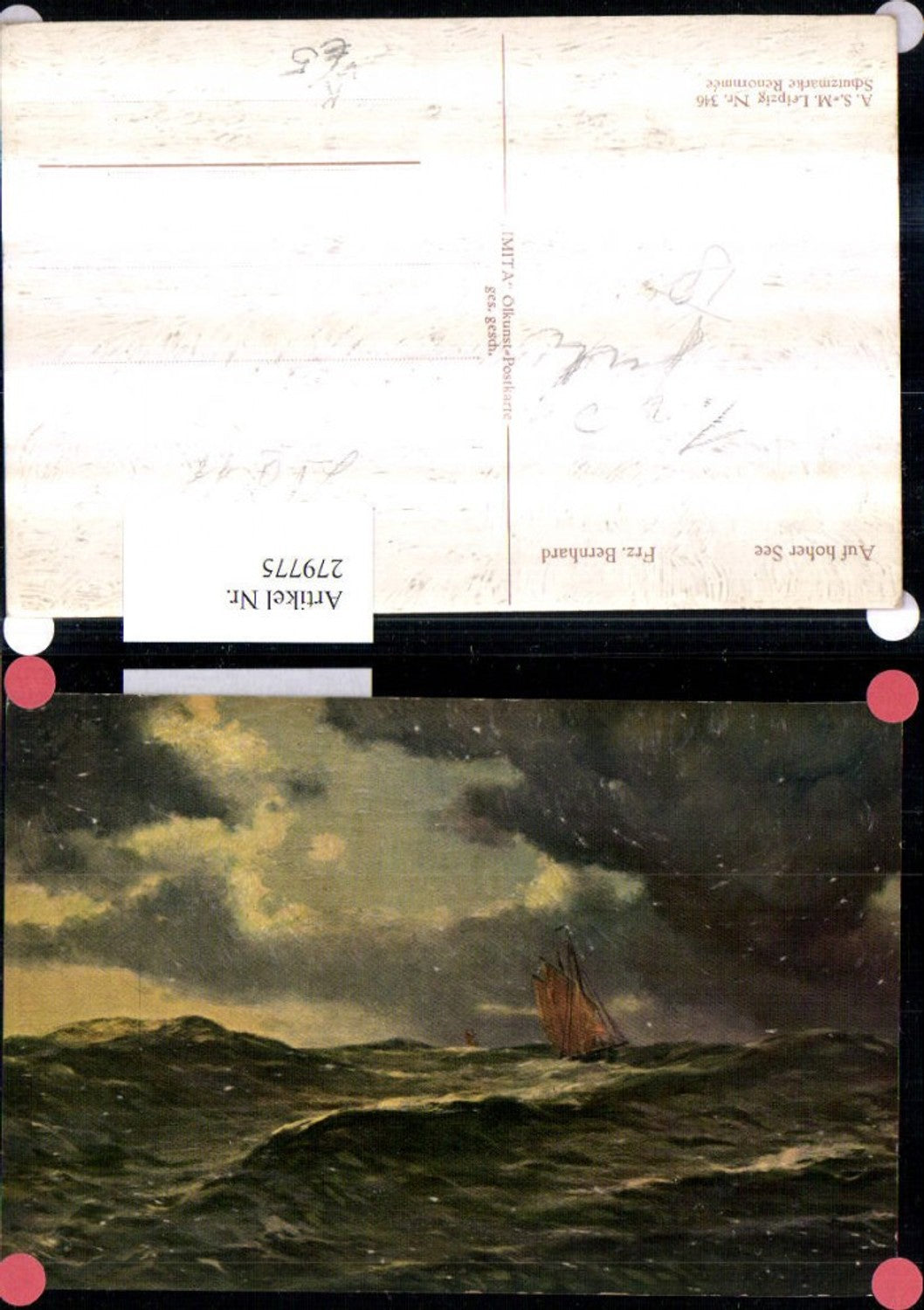 279775,A.S.M. Imita 346 Künstler Frz. Bernhard Auf hoher See Sturm Segelboot Welle