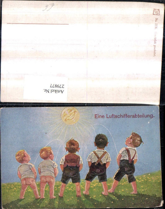 279877,Künstler AK Scherz Humor Eine Luftschifferabteilung Buben Jungs machen Pipi Sonnengesicht