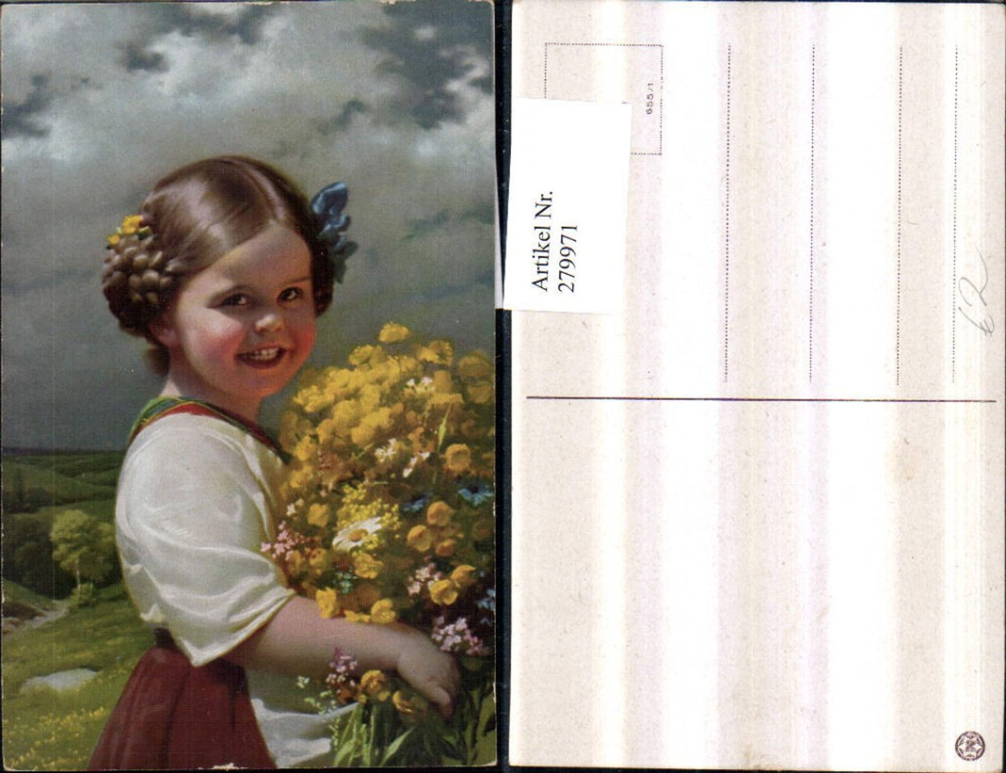 279971,Mädchen m. Masche Tracht Kleid Blumenstrauß Portrait pub Novolito 655/1