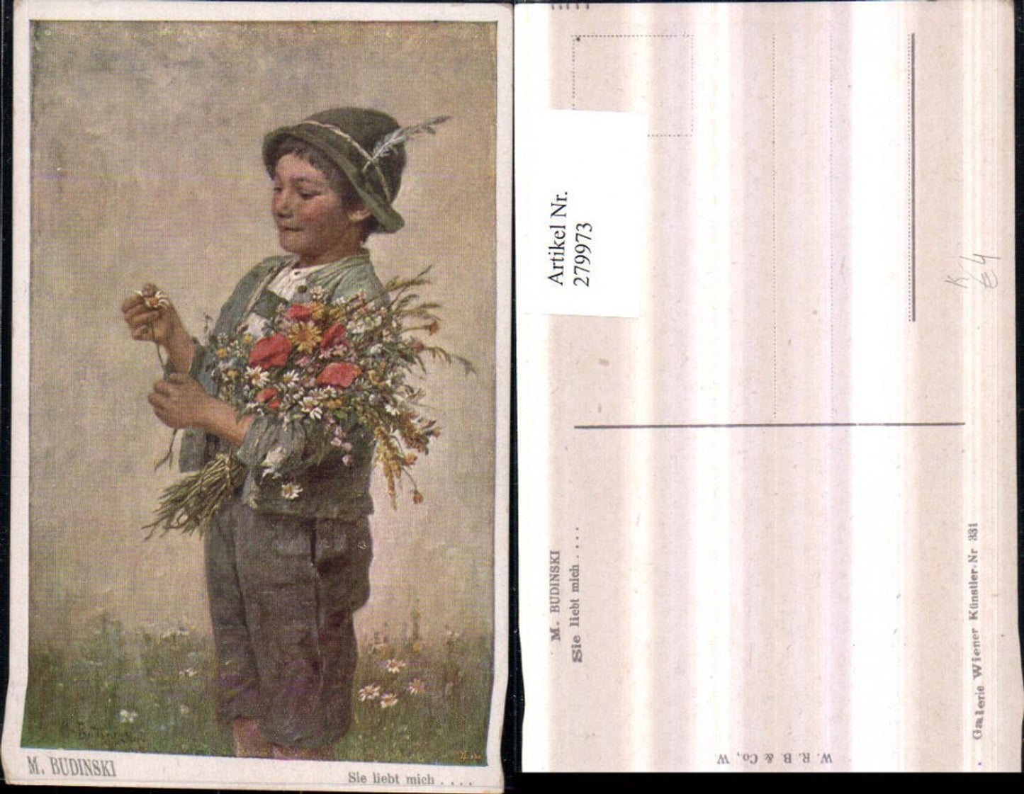 279973, Artist AK M. Budinski She loves me she loves me not Boy Boy Feathered hat Bouquet of flowers Daisy