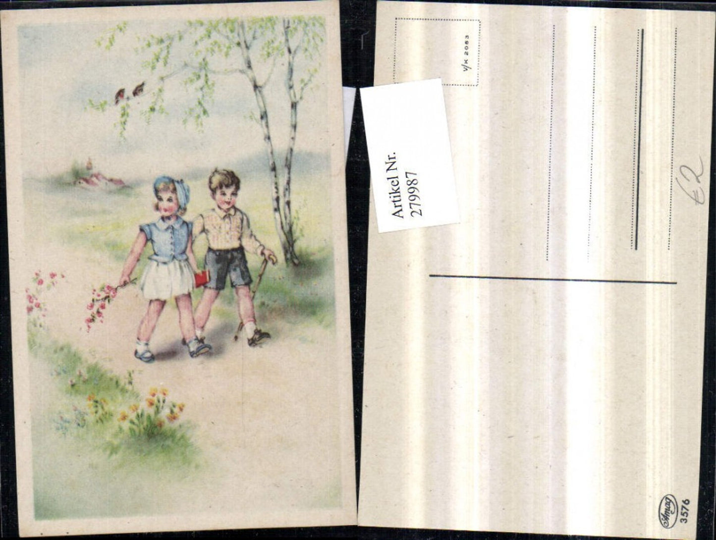 279987,Künstler AK Kinder Junge Bub u. Mädchen Haube Stock Buch Landschaft