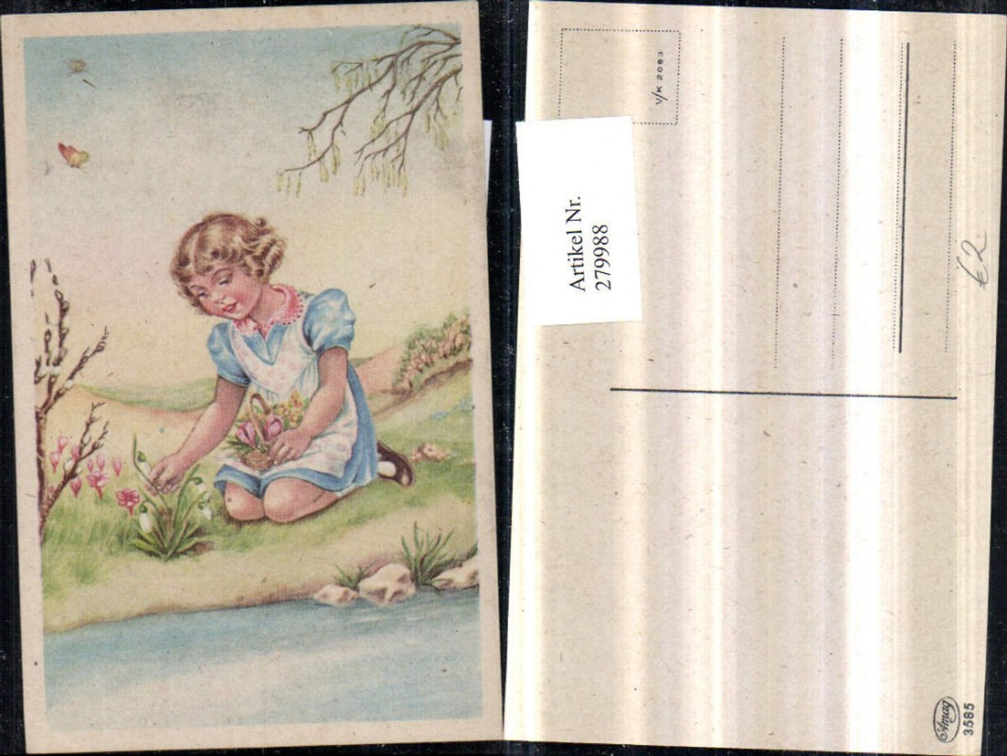 279988,Künstler AK Mädchen m. Kleid b. Blumen pflücken Korb