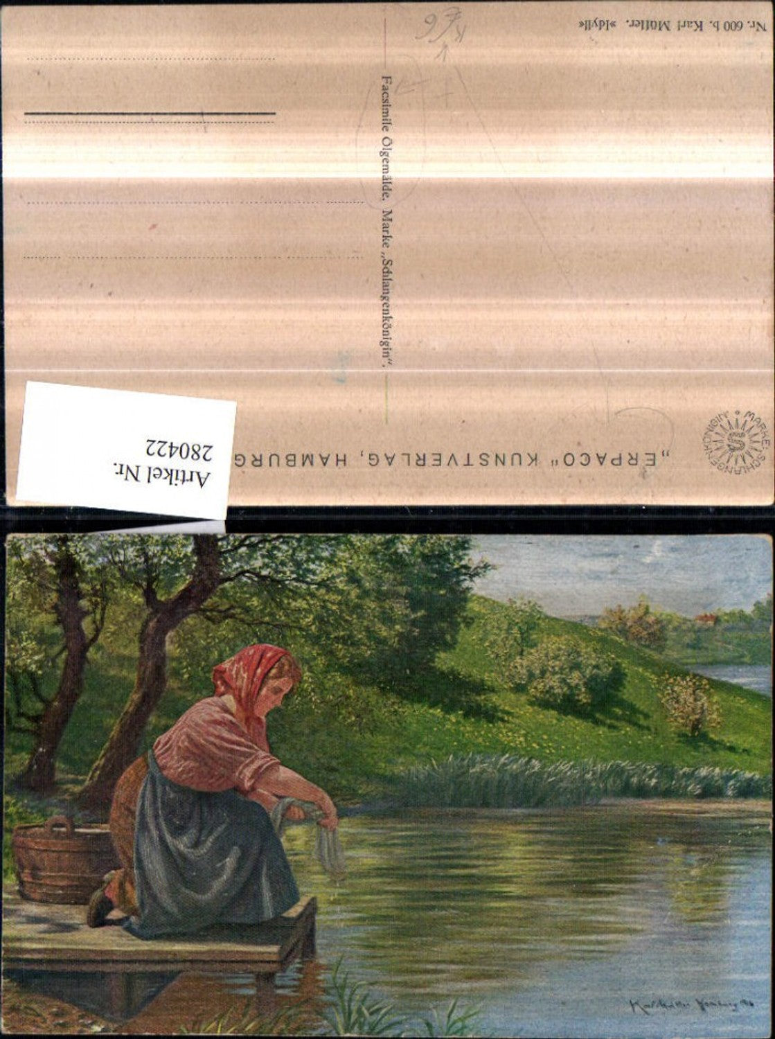 280422,Erpaco Facsimile Ölgemälde 600  Künstler Karl Müller Idyll Frau b. Wäsche waschen Steg Ufer