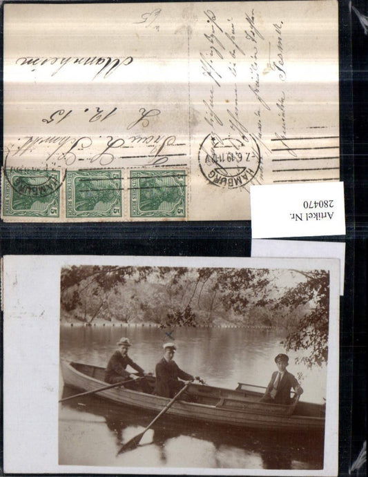 280470,Foto AK Hamburg See Teich Männer m. Kappen Hut Ruderboot Boot