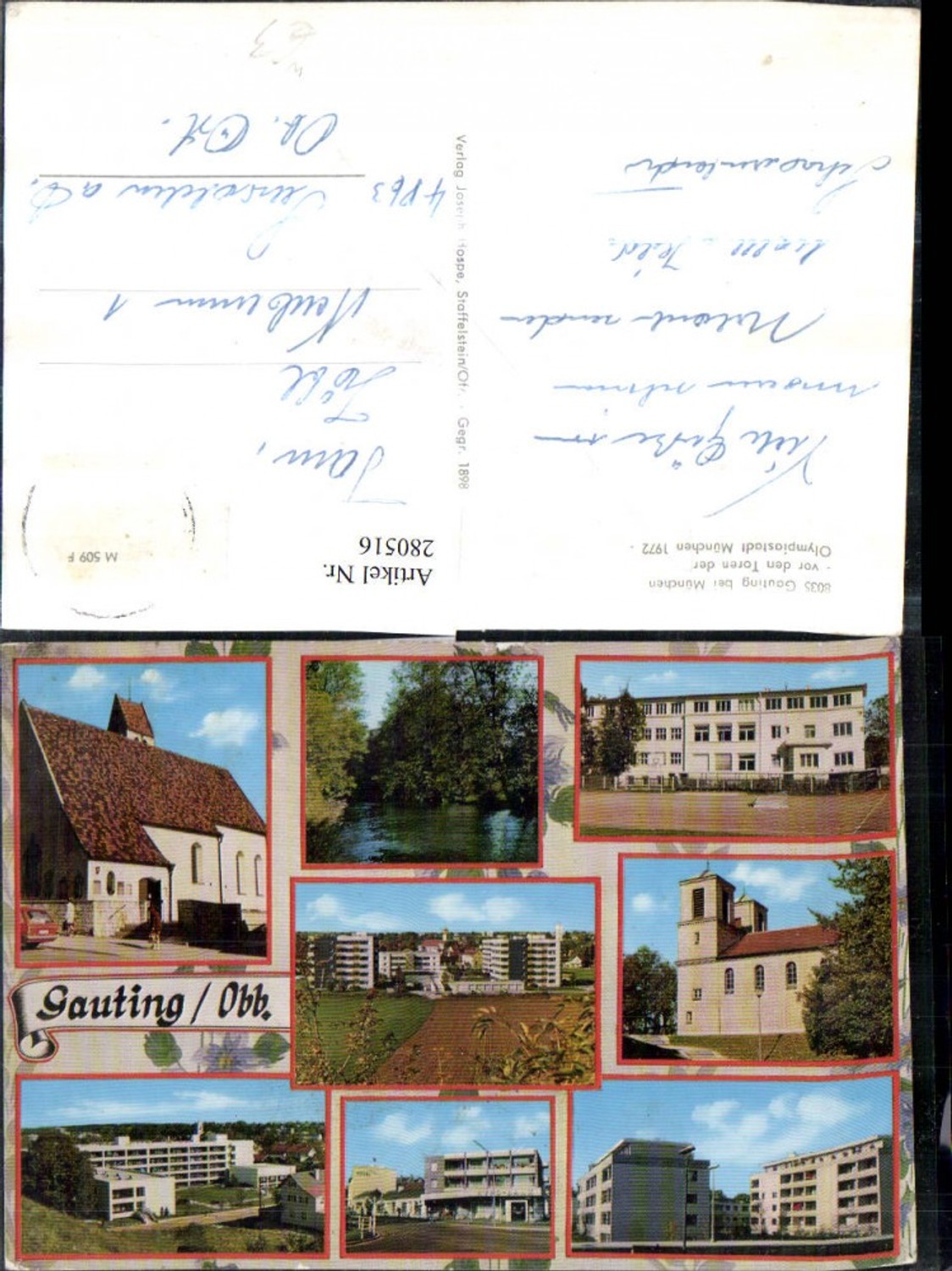280516,Gauting b. München Kirche Hotel Wohnhäuser Mehrbildkarte