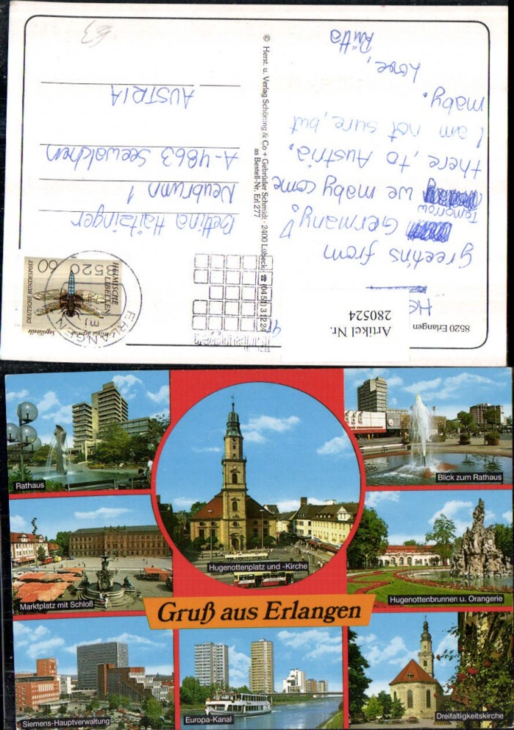280524,Erlangen Rathaus Kirche Marktplatz m. Schloss Siemens-Hauptverwaltung Hugenottenbrunnen Mehrbildkarte