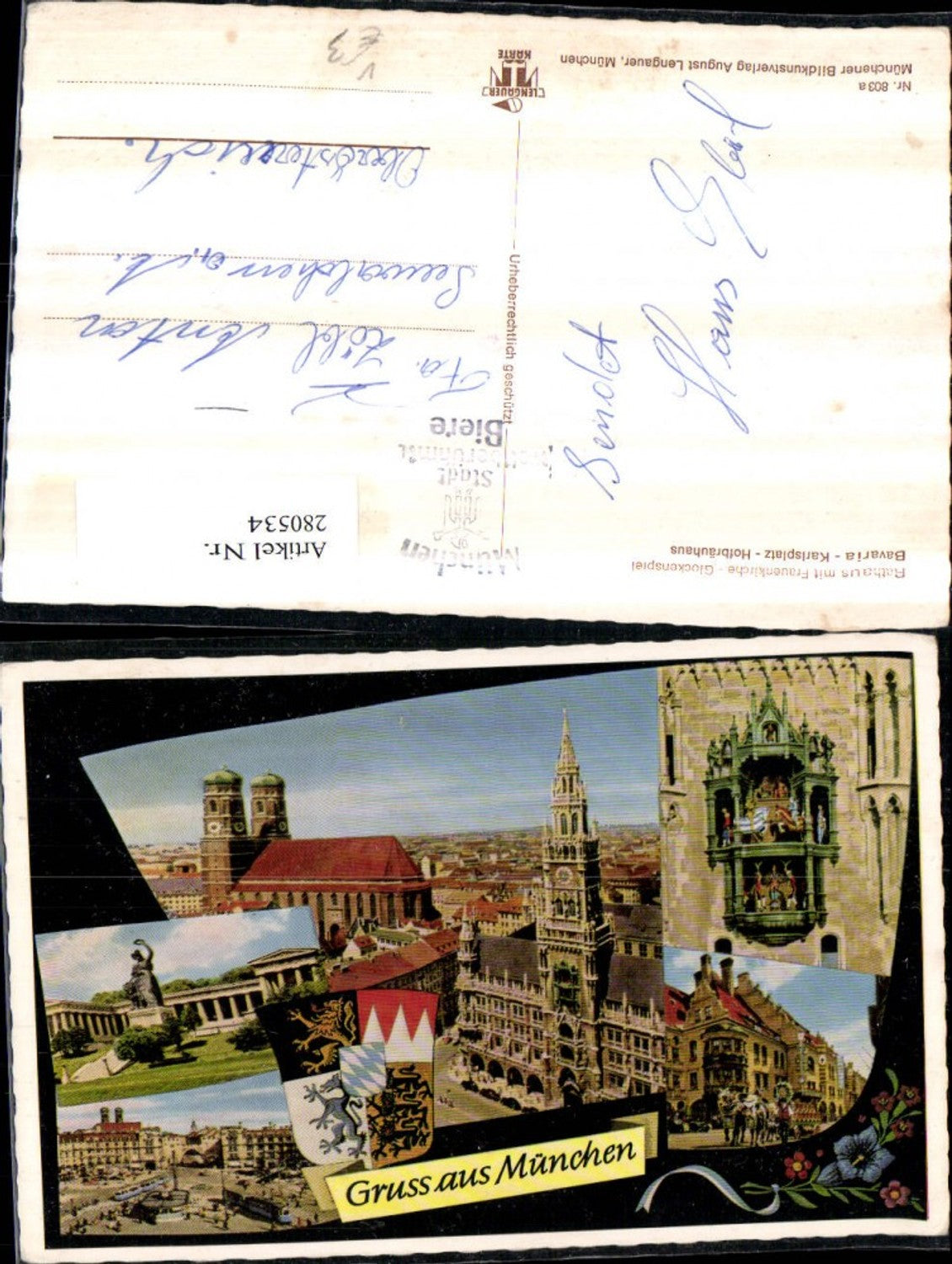 280534, Munich City Hall Frauenkirche Glockenspiel Bavaria Karlsplatz Hofbräuhaus Multi-image postcard pub August Lengauer 803a