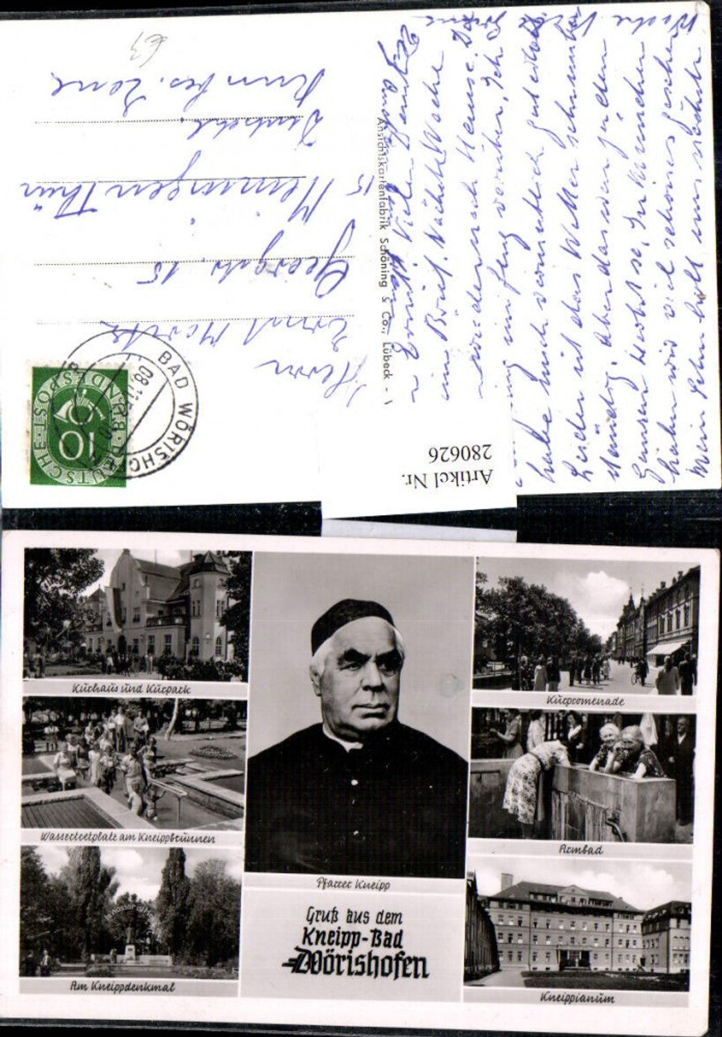 280626, Bad Wörishofen Promenade Arm bath Kneipp monument Pastor Kneipp portrait Kurhaus Kneipp fountain Multi-view postcard