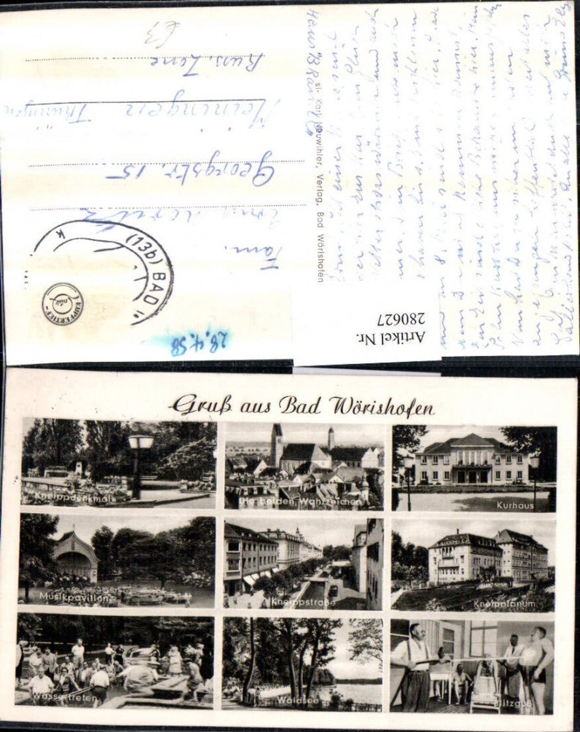 280627,Bad Wörishofen Totale Kurhaus Kneippdenkmal Musikpavillon Wassertreten Waldsee Mehrbildkarte