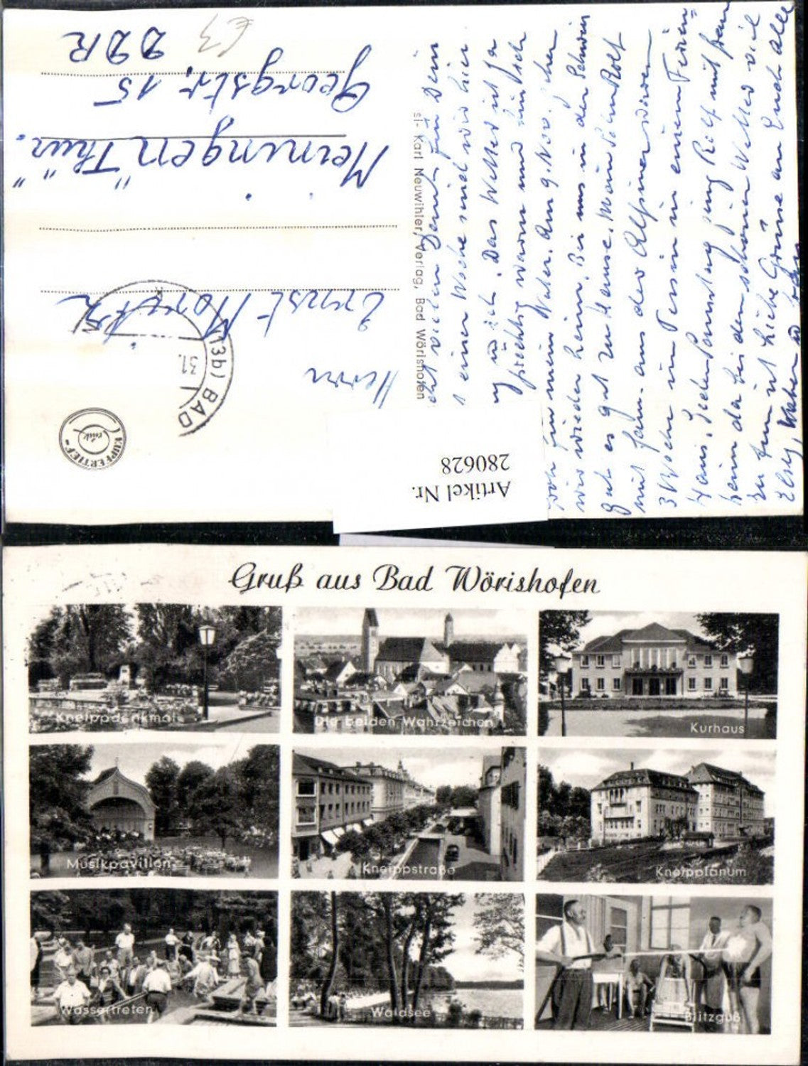 280628,Bad Wörishofen Totale Kurhaus Kneippdenkmal Musikpavillon Wassertreten Waldsee Mehrbildkarte
