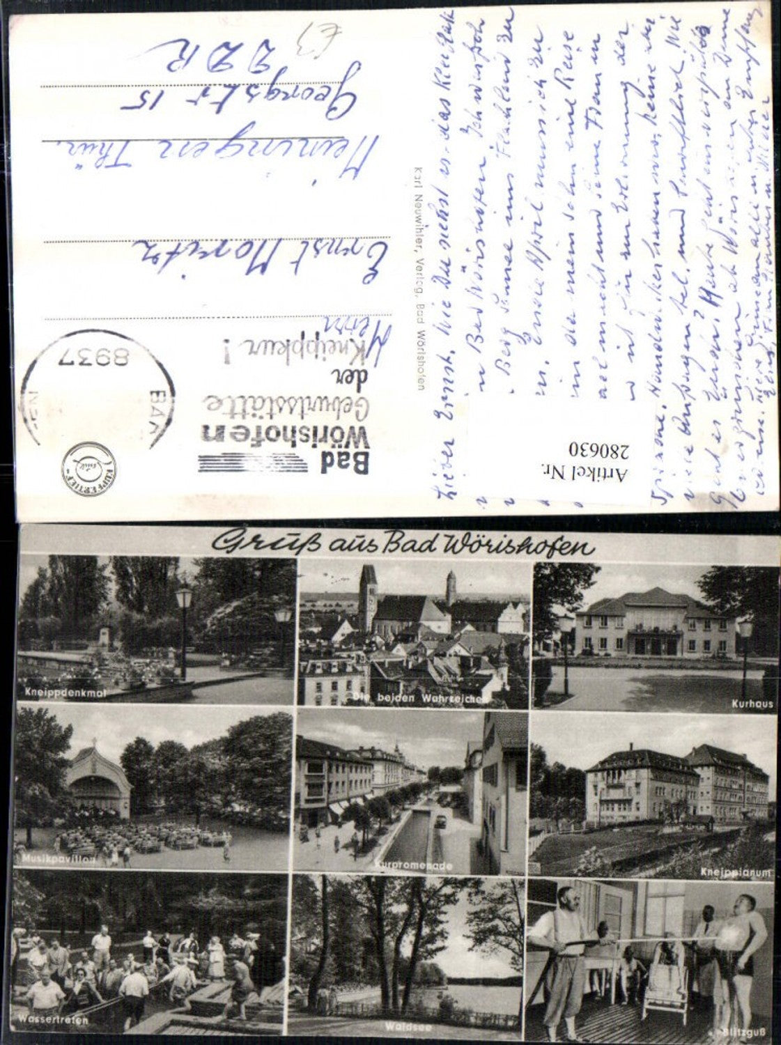 280630,Bad Wörishofen Totale Kurhaus Kneippdenkmal Musikpavillon Wassertreten Waldsee Mehrbildkarte