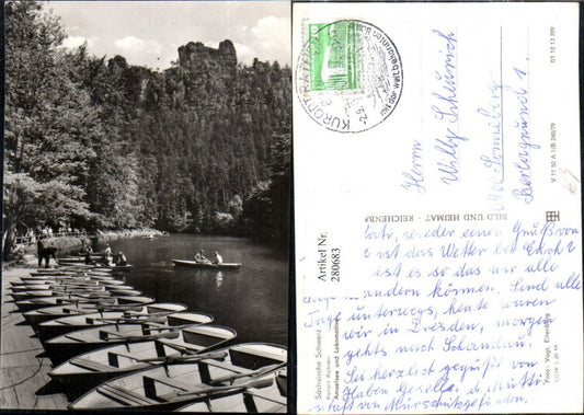 280683,Sächsische Schweiz Rathen Amselsee See Boote Ruderboot m. Lokomotive Felsen