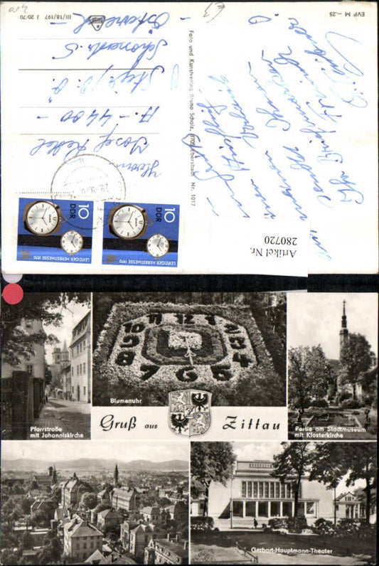280720,Gruß aus Zittau Totale Blumenuhr Gerhart-Hauptman-Theater Pfarrstraße Kirche Mehrbildkarte