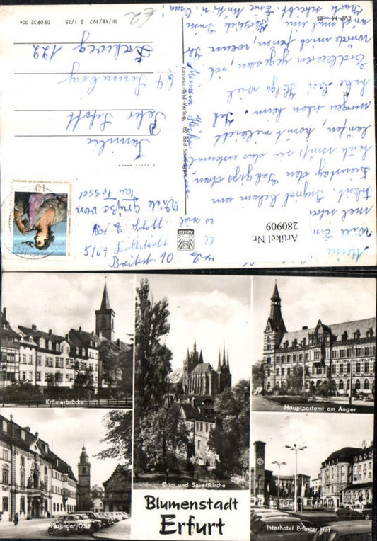 280909, Erfurt Cathedral and St. Severus Church, Post Office, Interhotel Krämerbrücke, Street View, Multi-view postcard