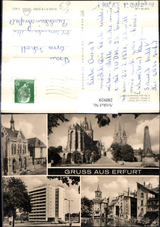 280929, Greetings from Erfurt Town Hall Cathedral and St. Severus Church Hotel Tourist Krämerbrücke Multi-view postcard pub VEB