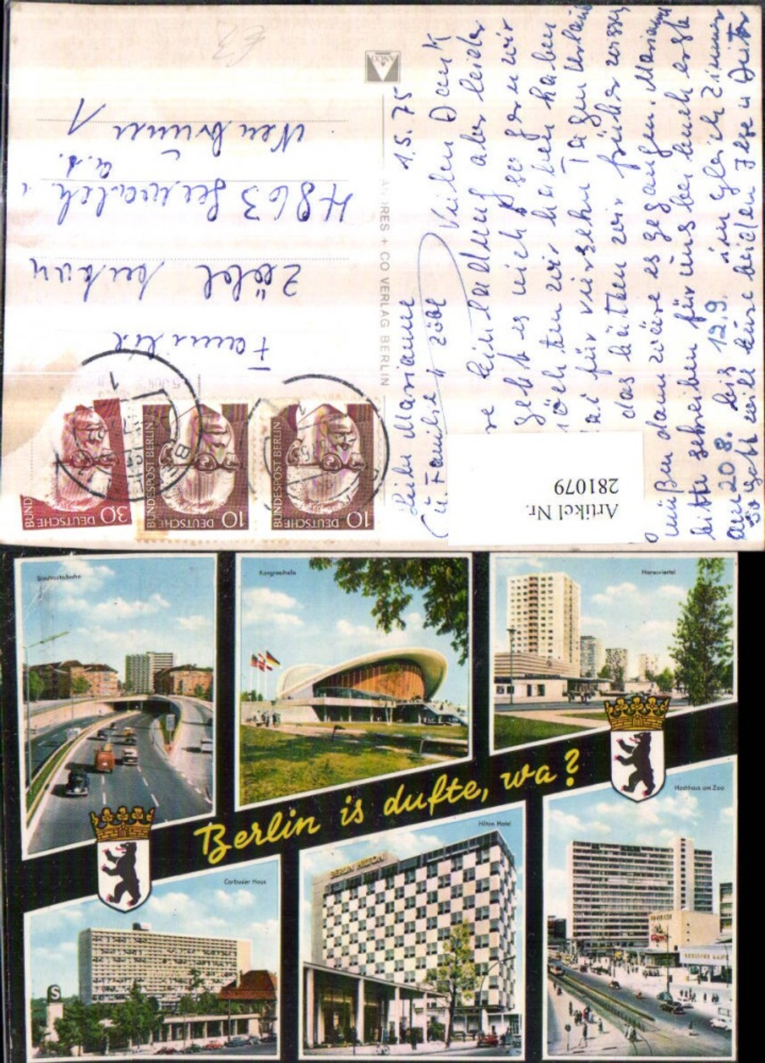 281079,Berlin Hansaviertel Kongresshalle Stadtautobahn Hochhaus Hilton Hotel Corbusier-Haus Mehrbildkarte