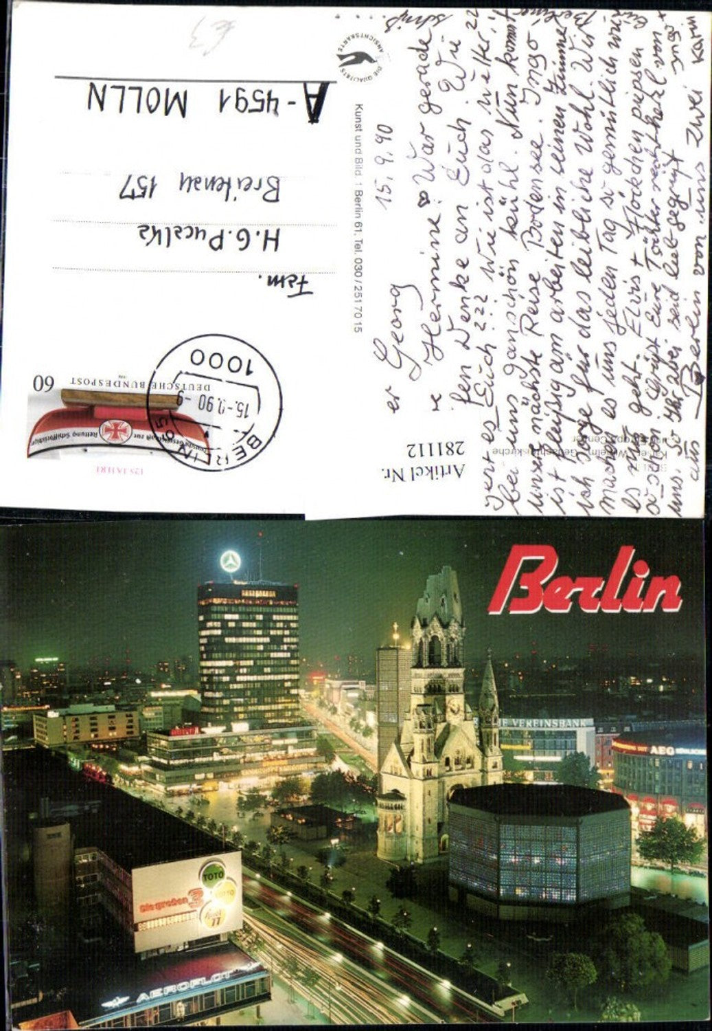 281112,Berlin Teilansicht Kaiser Wilhelm Gedächtniskirche m. Europa-Center Mercedes b. Nacht