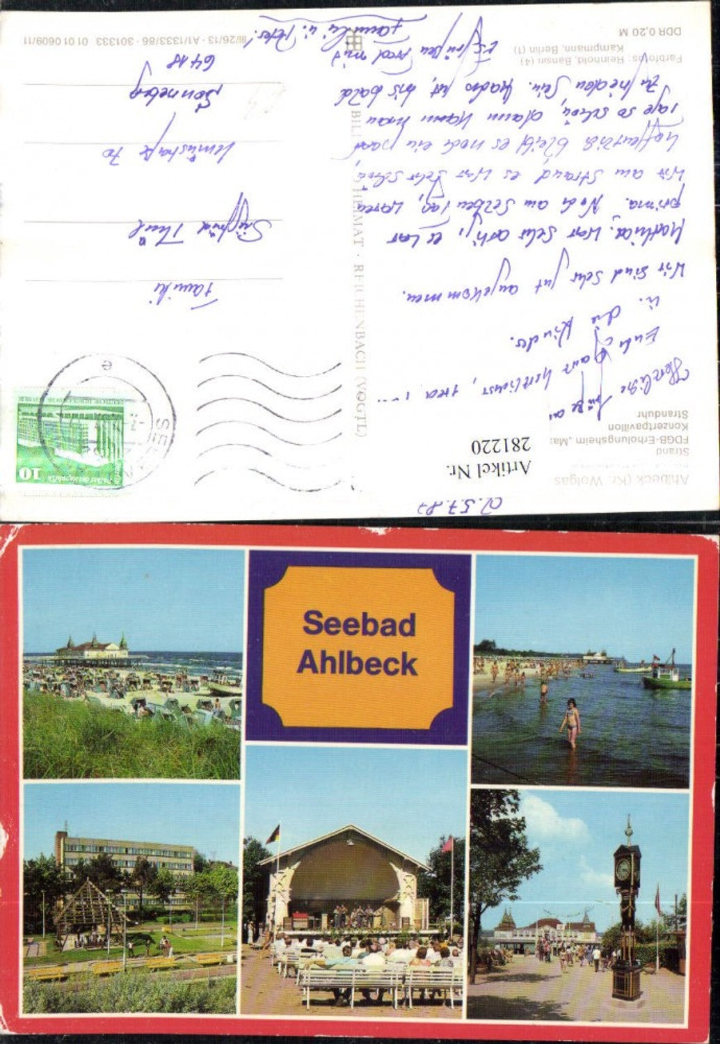 281220,Seebad Ahlbeck Strand m. Seebrücke Konzertpavillon Stranduhr FDGB-Erholungsheim Mehrbildkarte