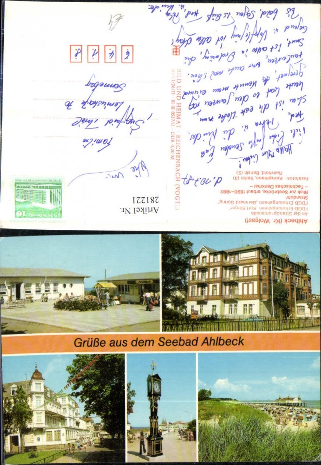 281221,Seebad Ahlbeck Strandpromenade FDGB-Erholungsheime Stranduhr Strand Seebrücke Mehrbildkarte