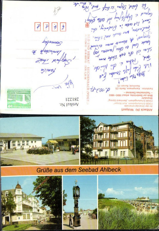 281221,Seebad Ahlbeck Strandpromenade FDGB-Erholungsheime Stranduhr Strand Seebrücke Mehrbildkarte
