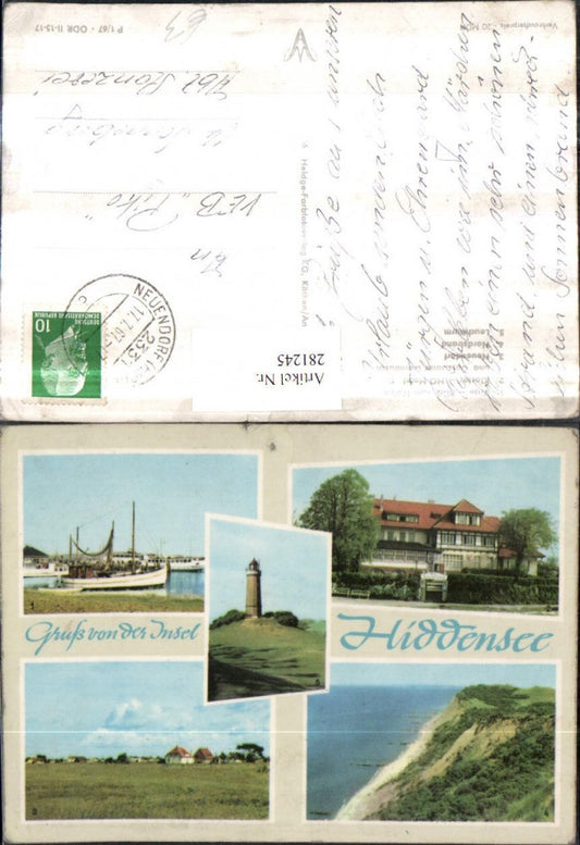 281245,Insel Hiddensee Kloster HO-Hotel u. Gaststätte Dornbusch Neuendorf Strand Leuchtturm Mehrbildkarte