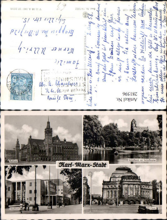 281596,Karl-Marx-Stadt Chemnitz Rathaus Stadtbad Oper Schlossteich m. Schlosskirche Mehrbildkarte