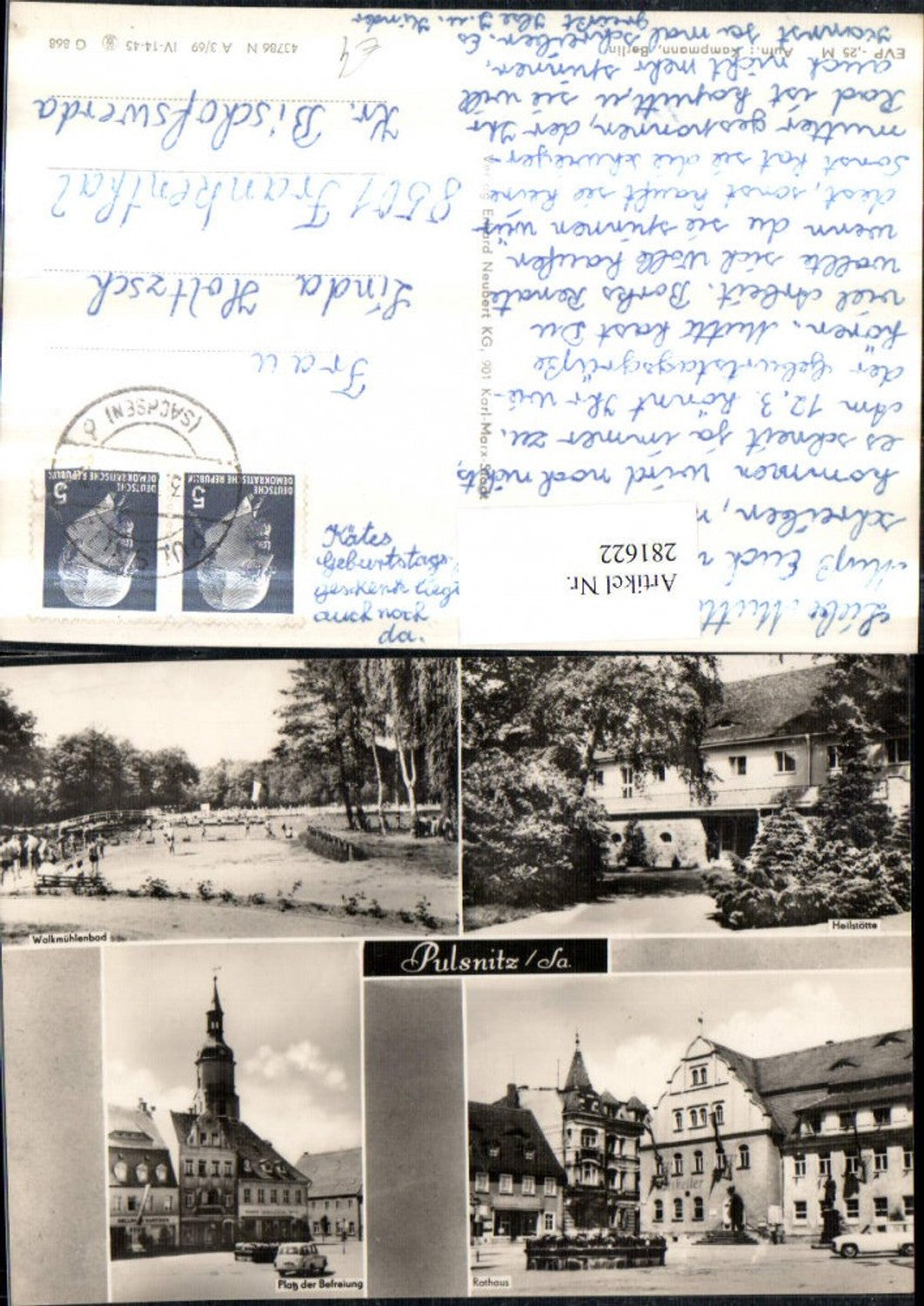 281622,Pulsnitz Heilstätte Rathaus Platz d. Befreiung Walkmühlenbad Mehrbildkarte